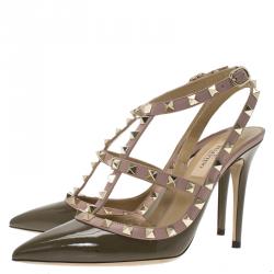 Pre Owned Valentino Olive Green Patent and Beige Leather Rockstud Sandals Size 38