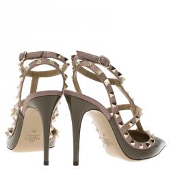 Pre Owned Valentino Olive Green Patent and Beige Leather Rockstud Sandals Size 38