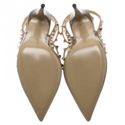 Pre Owned Valentino Olive Green Patent and Beige Leather Rockstud Sandals Size 38