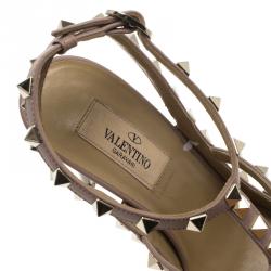 Pre Owned Valentino Olive Green Patent and Beige Leather Rockstud Sandals Size 38