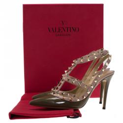 Pre Owned Valentino Olive Green Patent and Beige Leather Rockstud Sandals Size 38
