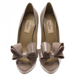 Pre Owned Valentino Beige Patent Couture Bow Peep Toe Platform Pumps Size 38