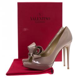 Pre Owned Valentino Beige Patent Couture Bow Peep Toe Platform Pumps Size 38