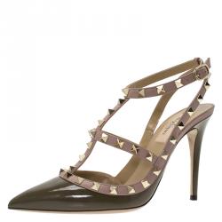 Pre Owned Valentino Olive Green Patent and Beige Leather Rockstud Sandals Size 38.5
