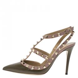 Pre Owned Valentino Olive Green Patent and Beige Leather Rockstud Sandals Size 38.5