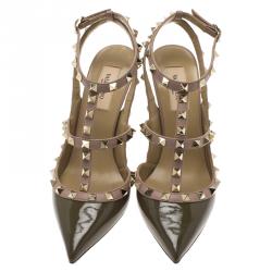 Pre Owned Valentino Olive Green Patent and Beige Leather Rockstud Sandals Size 38.5