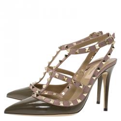 Pre Owned Valentino Olive Green Patent and Beige Leather Rockstud Sandals Size 38.5