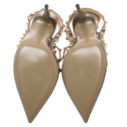 Pre Owned Valentino Olive Green Patent and Beige Leather Rockstud Sandals Size 38.5