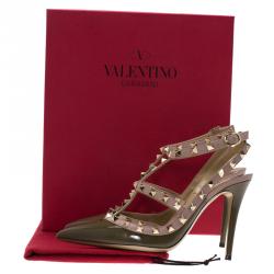 Pre Owned Valentino Olive Green Patent and Beige Leather Rockstud Sandals Size 38.5