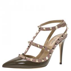 Pre Owned Valentino Olive Green Patent and Beige Leather Rockstud Sandals Size 37