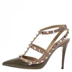 Pre Owned Valentino Olive Green Patent and Beige Leather Rockstud Sandals Size 37