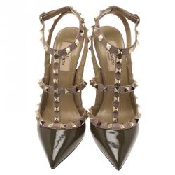 Pre Owned Valentino Olive Green Patent and Beige Leather Rockstud Sandals Size 37