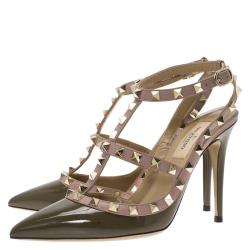 Pre Owned Valentino Olive Green Patent and Beige Leather Rockstud Sandals Size 37