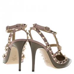 Pre Owned Valentino Olive Green Patent and Beige Leather Rockstud Sandals Size 37