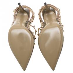 Pre Owned Valentino Olive Green Patent and Beige Leather Rockstud Sandals Size 37