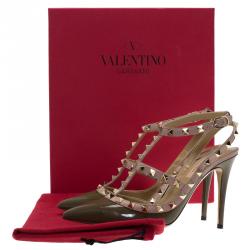 Pre Owned Valentino Olive Green Patent and Beige Leather Rockstud Sandals Size 37