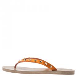 Pre Owned Valentino Orange Rockstud Satin Thong Sandals Size 40