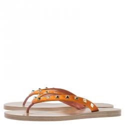 Pre Owned Valentino Orange Rockstud Satin Thong Sandals Size 40