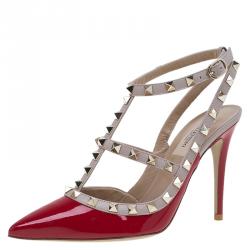 Pre Owned Valentino Red Patent and Beige Leather Rockstud Sandals Size 37.5