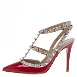 Pre Owned Valentino Red Patent and Beige Leather Rockstud Sandals Size 37.5