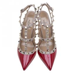 Pre Owned Valentino Red Patent and Beige Leather Rockstud Sandals Size 37.5