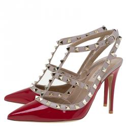 Pre Owned Valentino Red Patent and Beige Leather Rockstud Sandals Size 37.5