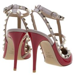 Pre Owned Valentino Red Patent and Beige Leather Rockstud Sandals Size 37.5