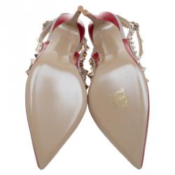 Pre Owned Valentino Red Patent and Beige Leather Rockstud Sandals Size 37.5