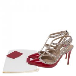 Pre Owned Valentino Red Patent and Beige Leather Rockstud Sandals Size 37.5