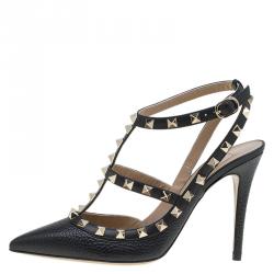 Pre Owned Valentino Black Leather Rockstud Sandals Size 37