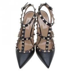 Pre Owned Valentino Black Leather Rockstud Sandals Size 37