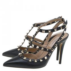 Pre Owned Valentino Black Leather Rockstud Sandals Size 37