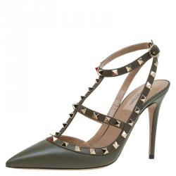 Pre Owned Valentino Olive Leather Rockstud Sandals Size 40