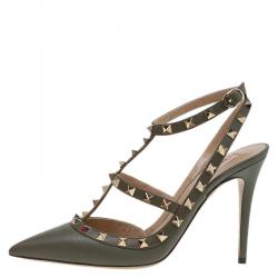 Pre Owned Valentino Olive Leather Rockstud Sandals Size 40