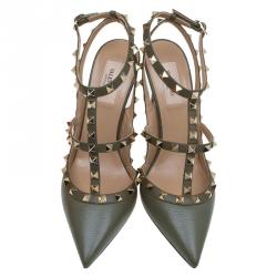 Pre Owned Valentino Olive Leather Rockstud Sandals Size 40