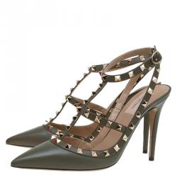 Pre Owned Valentino Olive Leather Rockstud Sandals Size 40