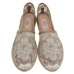 Pre Owned Valentino Beige Lace and Leather Espadrilles Size 41