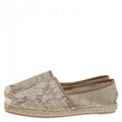 Pre Owned Valentino Beige Lace and Leather Espadrilles Size 41