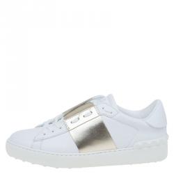 Pre Owned Valentino White and Gold Band Leather Open Low Top Sneakers Size 38