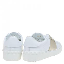 Pre Owned Valentino White and Gold Band Leather Open Low Top Sneakers Size 38