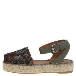 Pre Owned Valentino Olive Embroidered And Leather Ankle Strap Espadrille Sandals Size 37