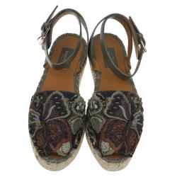 Pre Owned Valentino Olive Embroidered And Leather Ankle Strap Espadrille Sandals Size 37