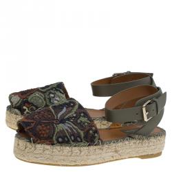 Pre Owned Valentino Olive Embroidered And Leather Ankle Strap Espadrille Sandals Size 37