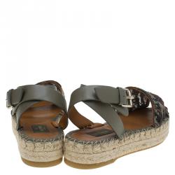 Pre Owned Valentino Olive Embroidered And Leather Ankle Strap Espadrille Sandals Size 37