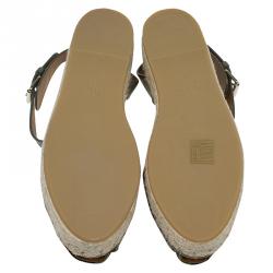 Pre Owned Valentino Olive Embroidered And Leather Ankle Strap Espadrille Sandals Size 37