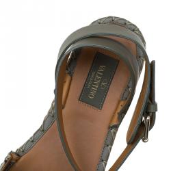 Pre Owned Valentino Olive Embroidered And Leather Ankle Strap Espadrille Sandals Size 37