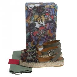 Pre Owned Valentino Olive Embroidered And Leather Ankle Strap Espadrille Sandals Size 37