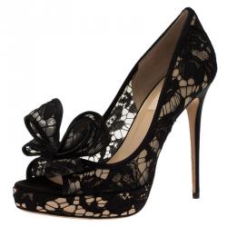 Pre Owned Valentino Black Floral Couture Bow Lace Peep Toe Platform Pumps Size 38