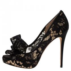 Pre Owned Valentino Black Floral Couture Bow Lace Peep Toe Platform Pumps Size 38