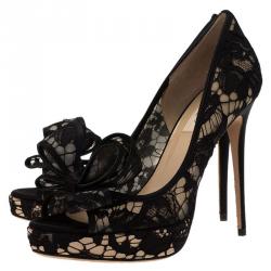 Pre Owned Valentino Black Floral Couture Bow Lace Peep Toe Platform Pumps Size 38